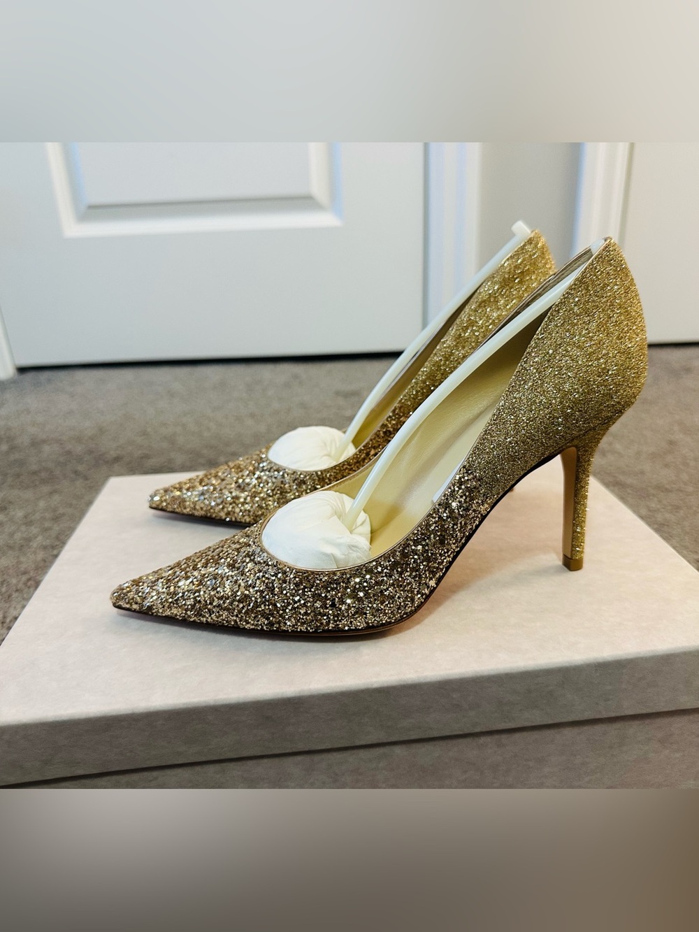 Jimmy Choo Gold Glitter Pointed-Toe Stiletto Heels